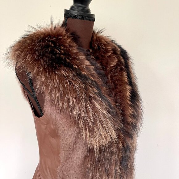 NWOT Tan Brown Leather Vest Real Fox Fur M size - Picture 14 of 16